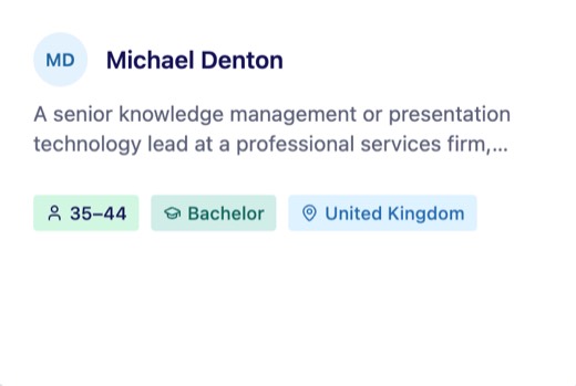 Marketing persona card for Michael Denton, a senior knowledge management lead